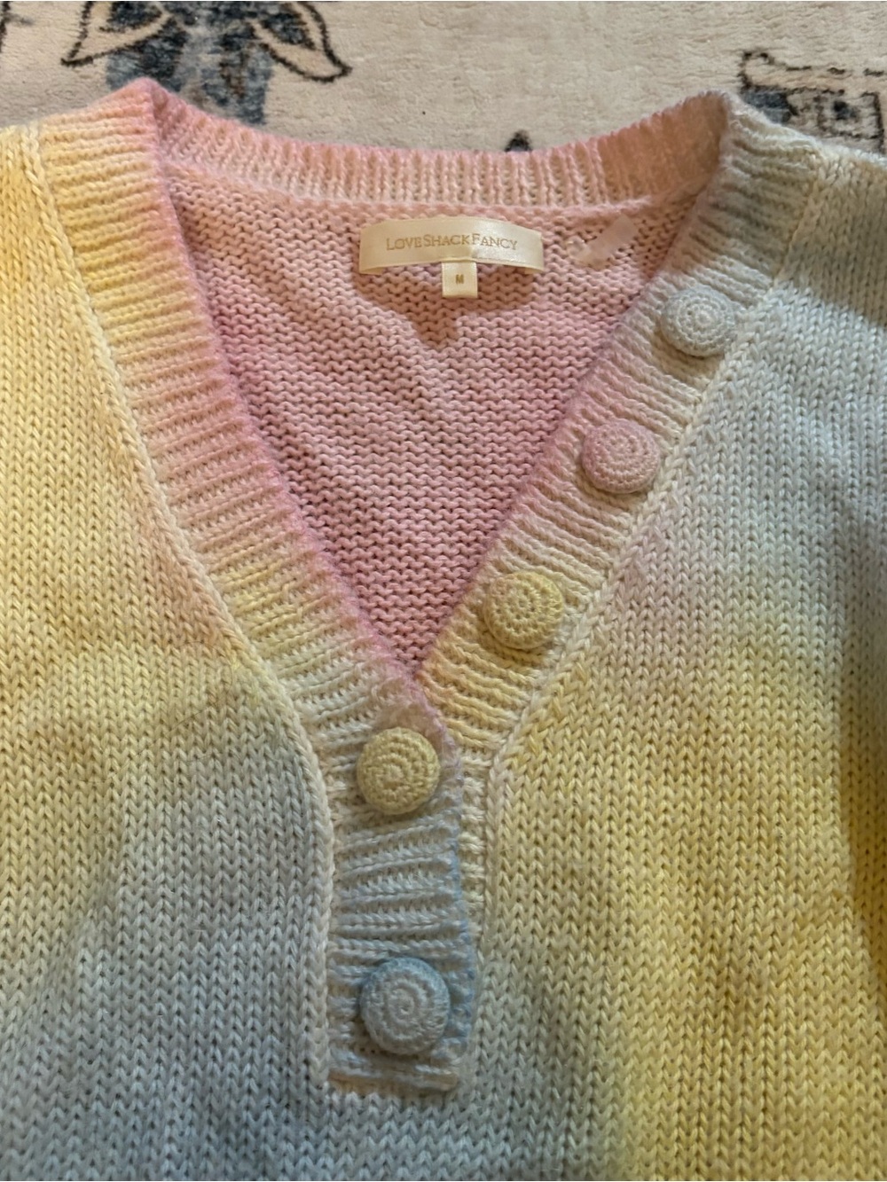 LoveShackFancy Pastel Tie-Dye V-Neck Sweater in Yellow, Pink, Blue - Picture 3 of 10